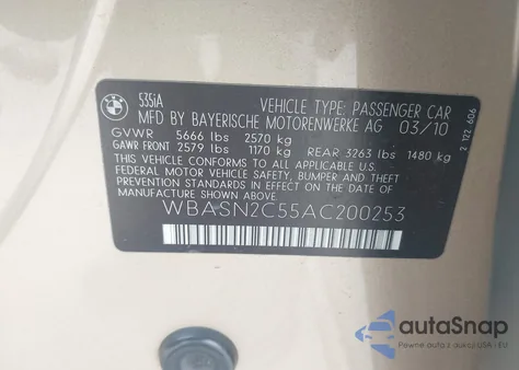 2010 BMW 535I Gran Turismo from USA, damaged, VIN WBASN2C55AC200253